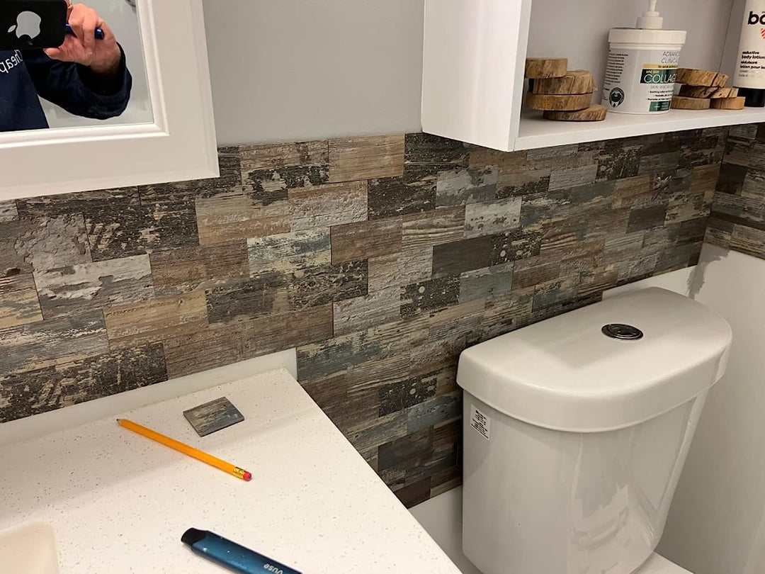 wood peel and stick backsplash for toilet