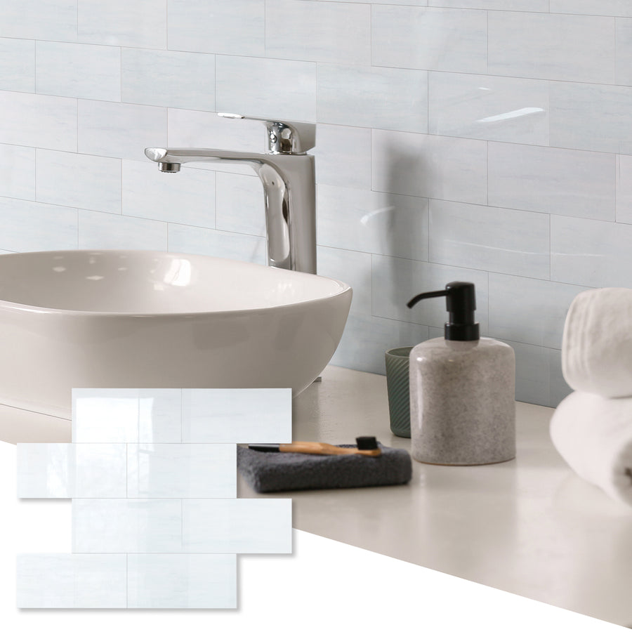 Glossy Dolomite White Peel and Stick Subway Backsplash Tile