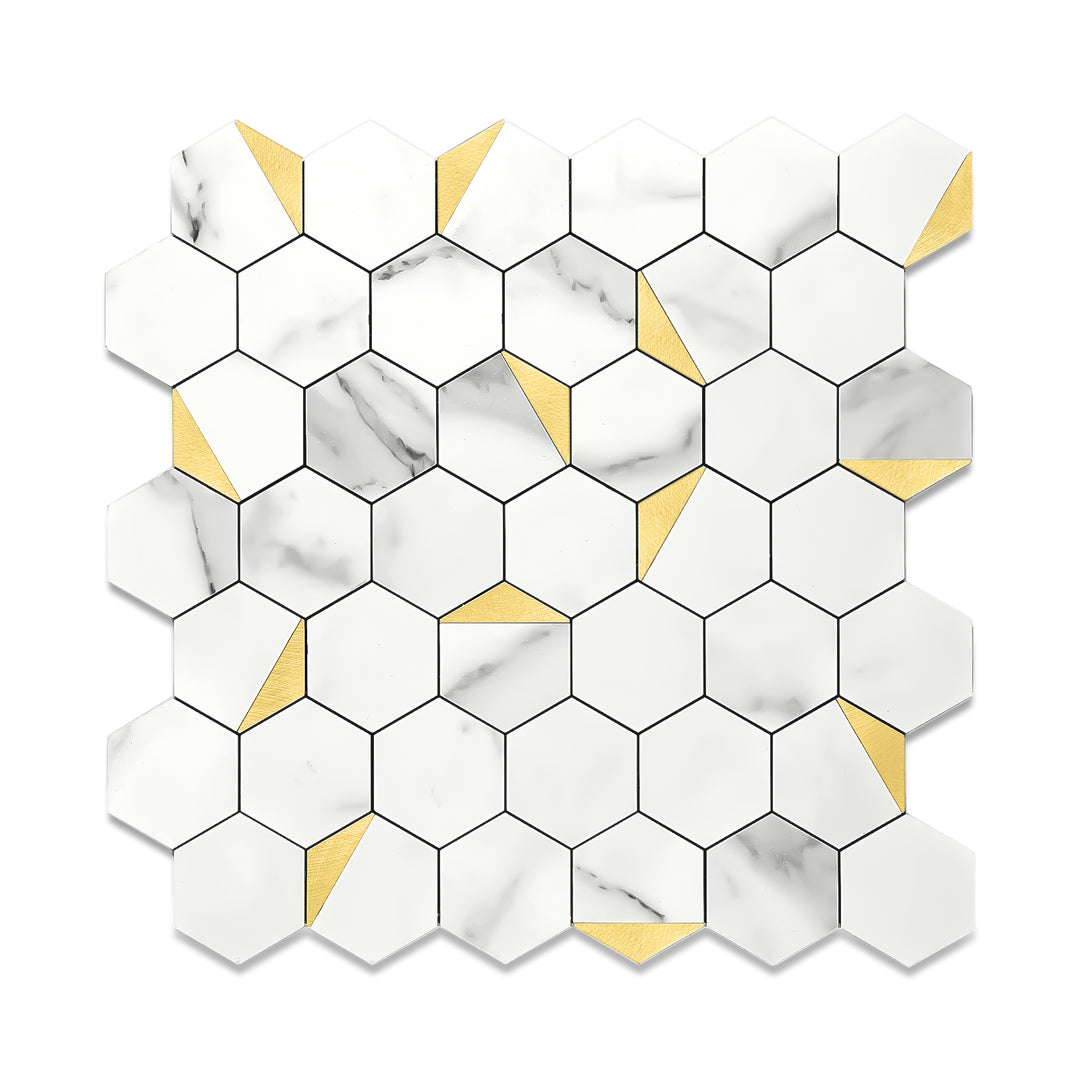 12.2" x 11.6" Hexagon Peel and Stick Backsplash Tile Fishbelly White Metal Gold