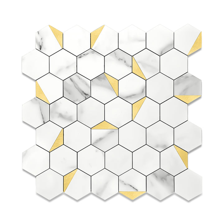 12.2" x 11.6" Hexagon Peel and Stick Backsplash Tile Fishbelly White Metal Gold
