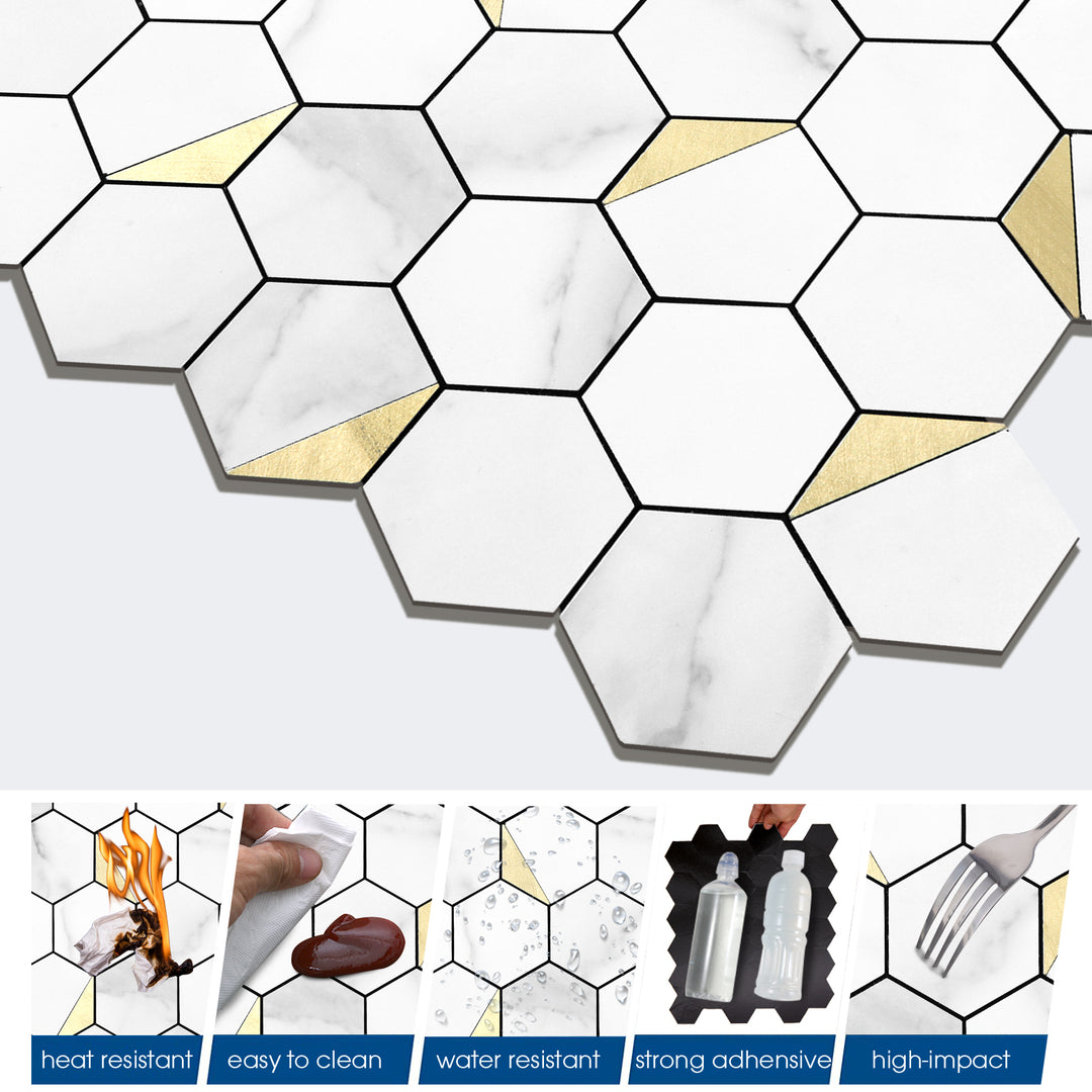 12.2" x 11.6" Hexagon Peel and Stick Backsplash Tile Fishbelly White Metal Gold