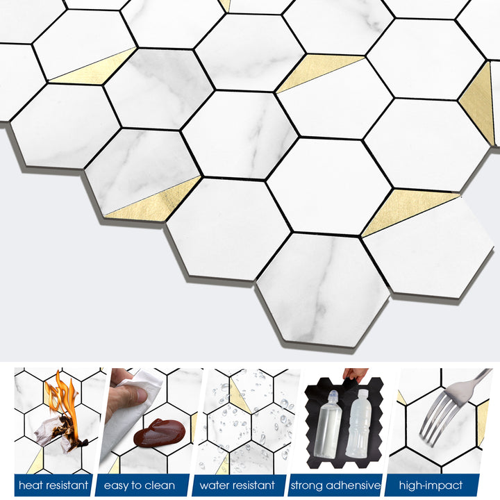 12.2" x 11.6" Hexagon Peel and Stick Backsplash Tile Fishbelly White Metal Gold