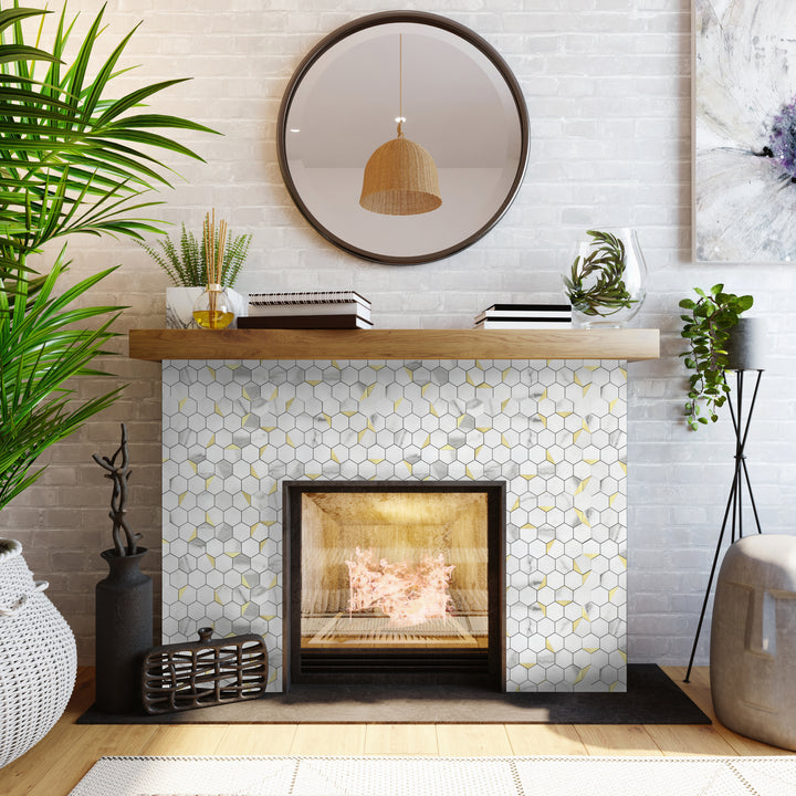 12.2" x 11.6" Hexagon Peel and Stick Backsplash Tile Fishbelly White Metal Gold