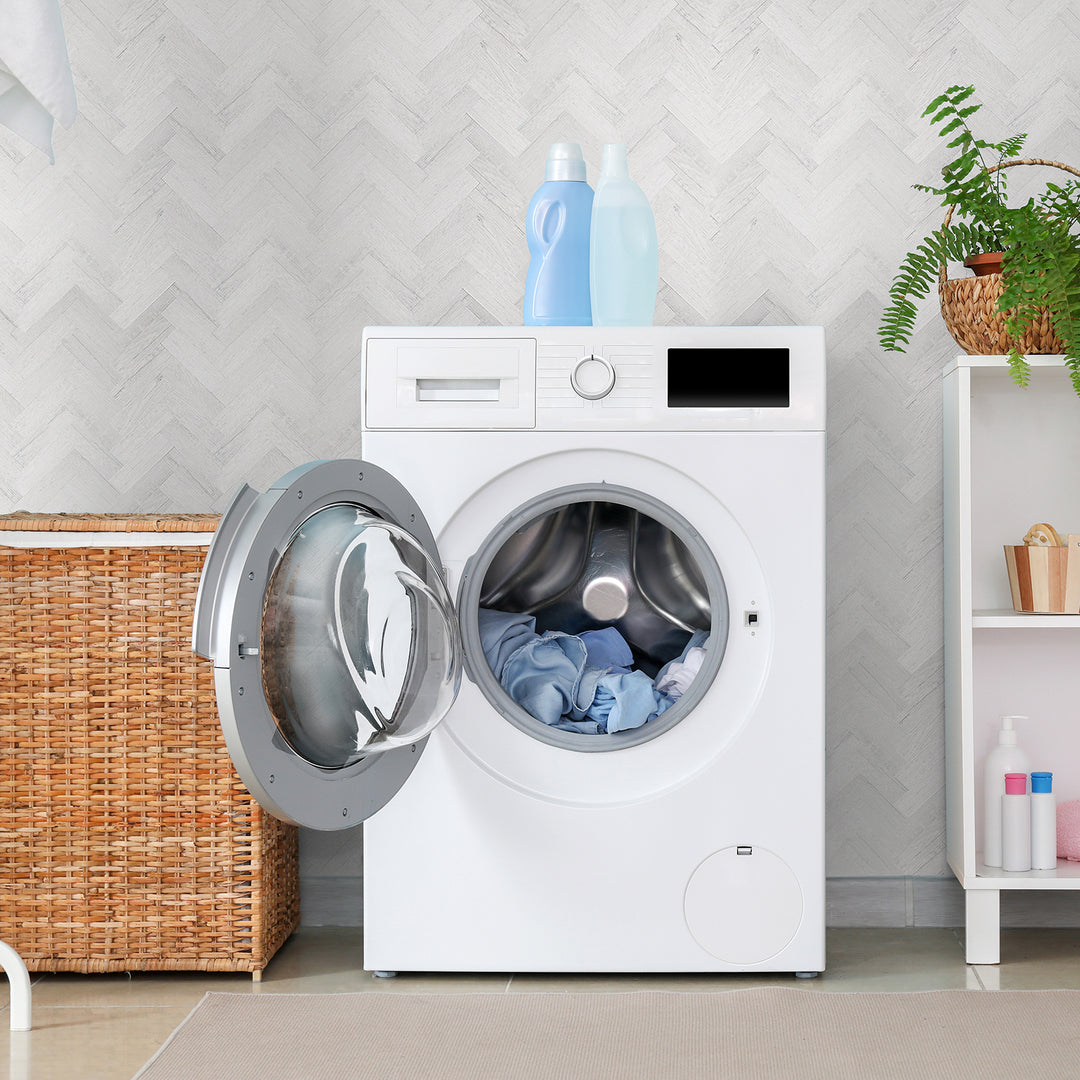 herringbone peel and stick tile for laundry room