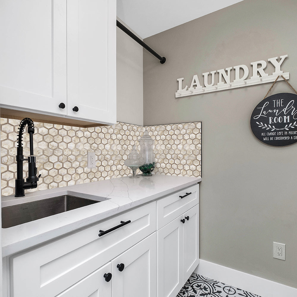 peel and stick hexagon backsplash for laundry room