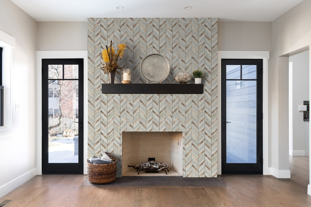 peel and stick herringbone tile for fireplace