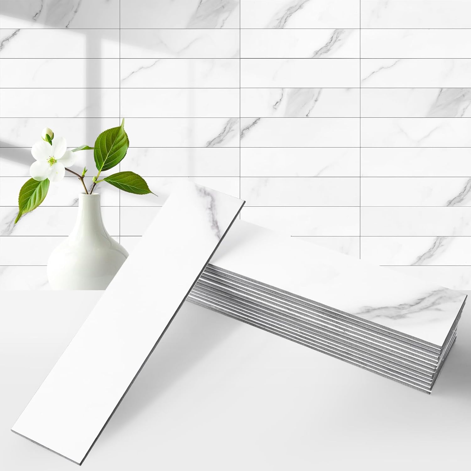 Marble White  Peel and Stick Backsplash  Brick Subway Tile