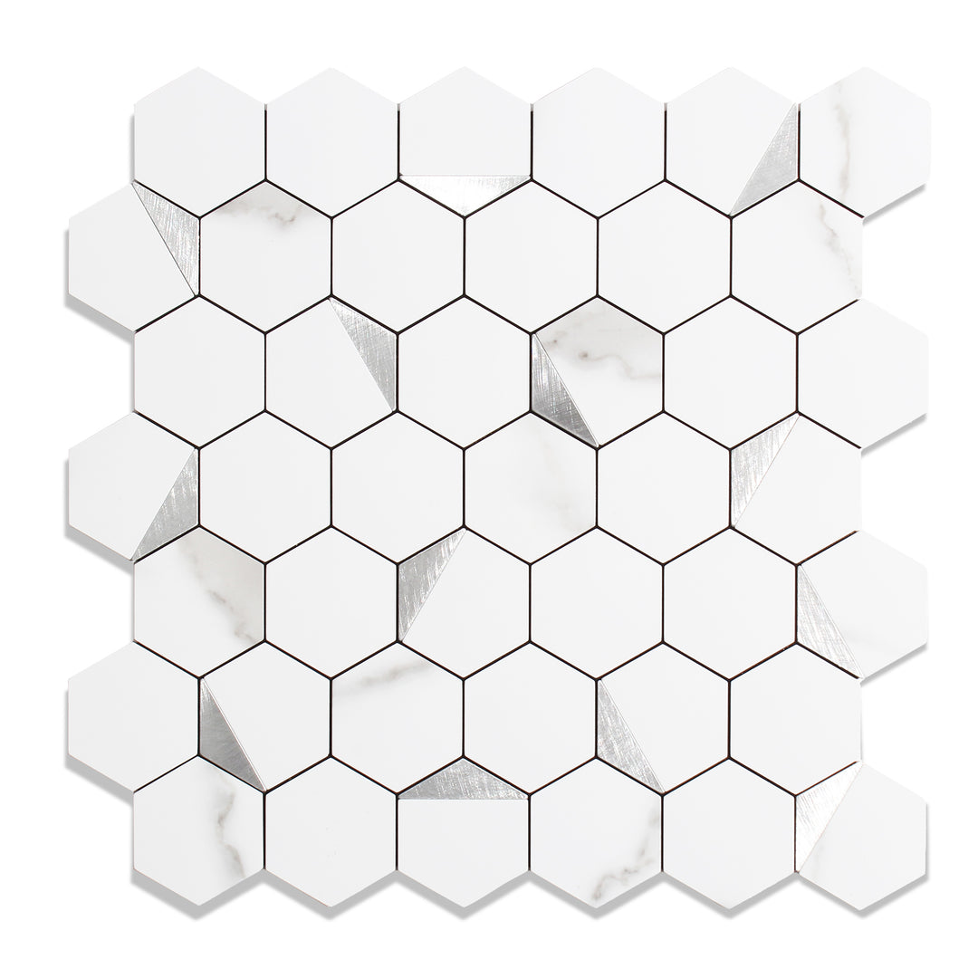 12" x 12" Hexagon Peel and Stick Backsplash Tile Marble White Mixed Silver