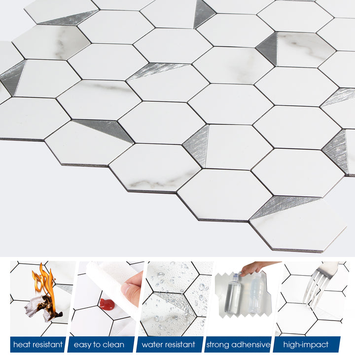 12" x 12" Hexagon Peel and Stick Backsplash Tile Marble White Mixed Silver