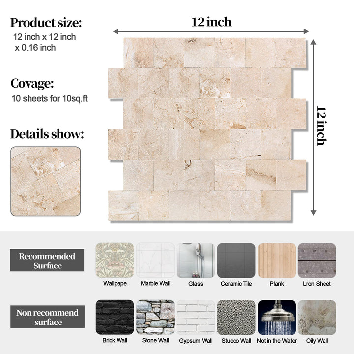 10 sq.ft Pinkish Beige Kitchen Backsplash Tiles Peel & Stick Stone Tile