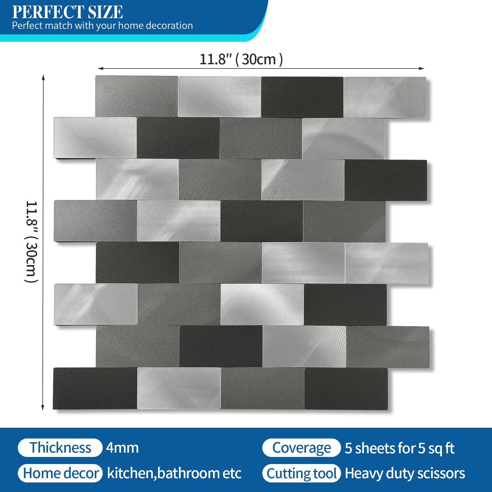 11.8" X 11.8" Black Stick on Metal Backplash Stainless Steel Subway Wall Tile