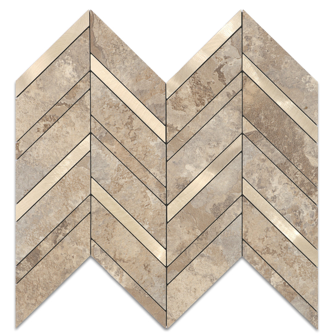 Beige Stone Mixed Metal Gold Herringbone Backsplash Peel and Stick Tile