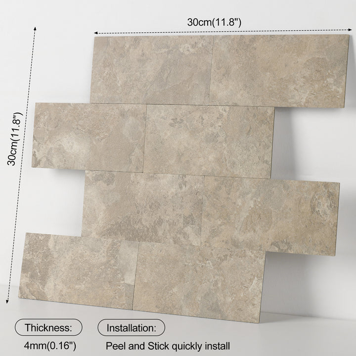 11.8" X 11.8" Beige Stone Rock Peel and Stick Subway Backsplash Tile