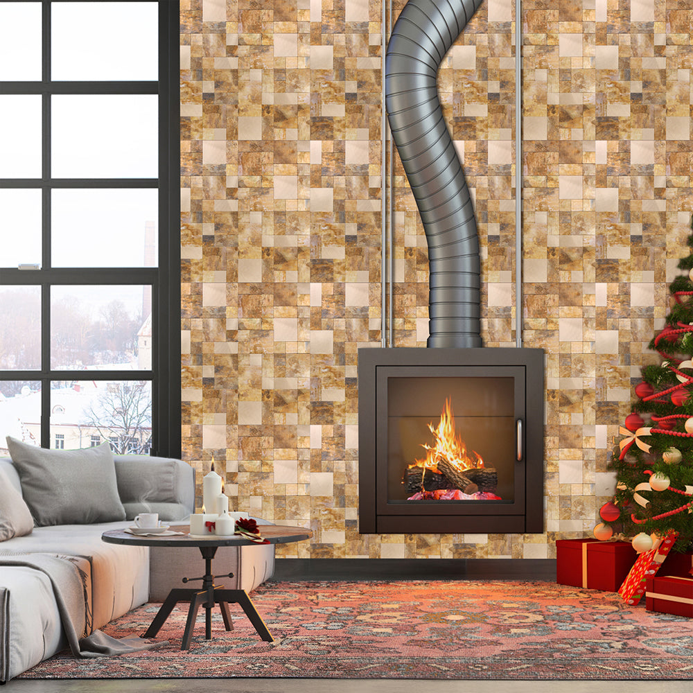 copper backsplash tile stick on fireplace