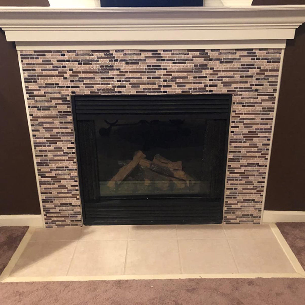 vinyl peel and stick tile used on the fireplace