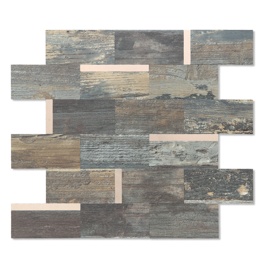 Ecru Rustic Wood Mixed Metal Subway Tile