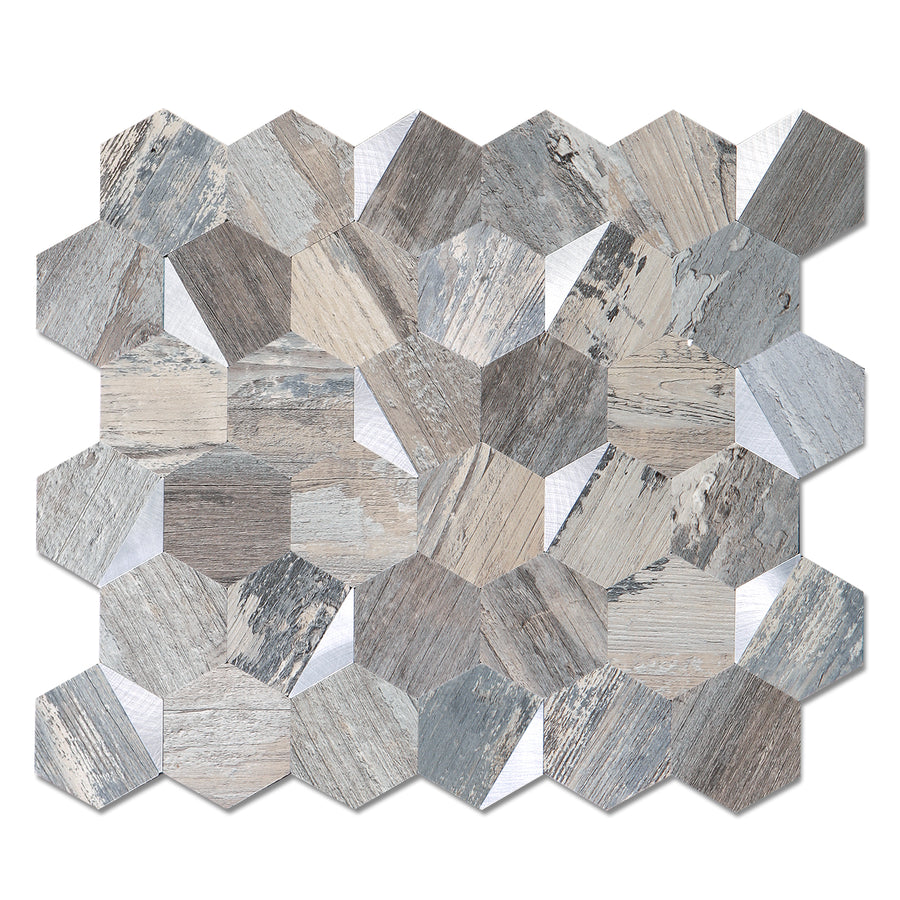 Rustic Wood Metal Silver Hexagon Tile