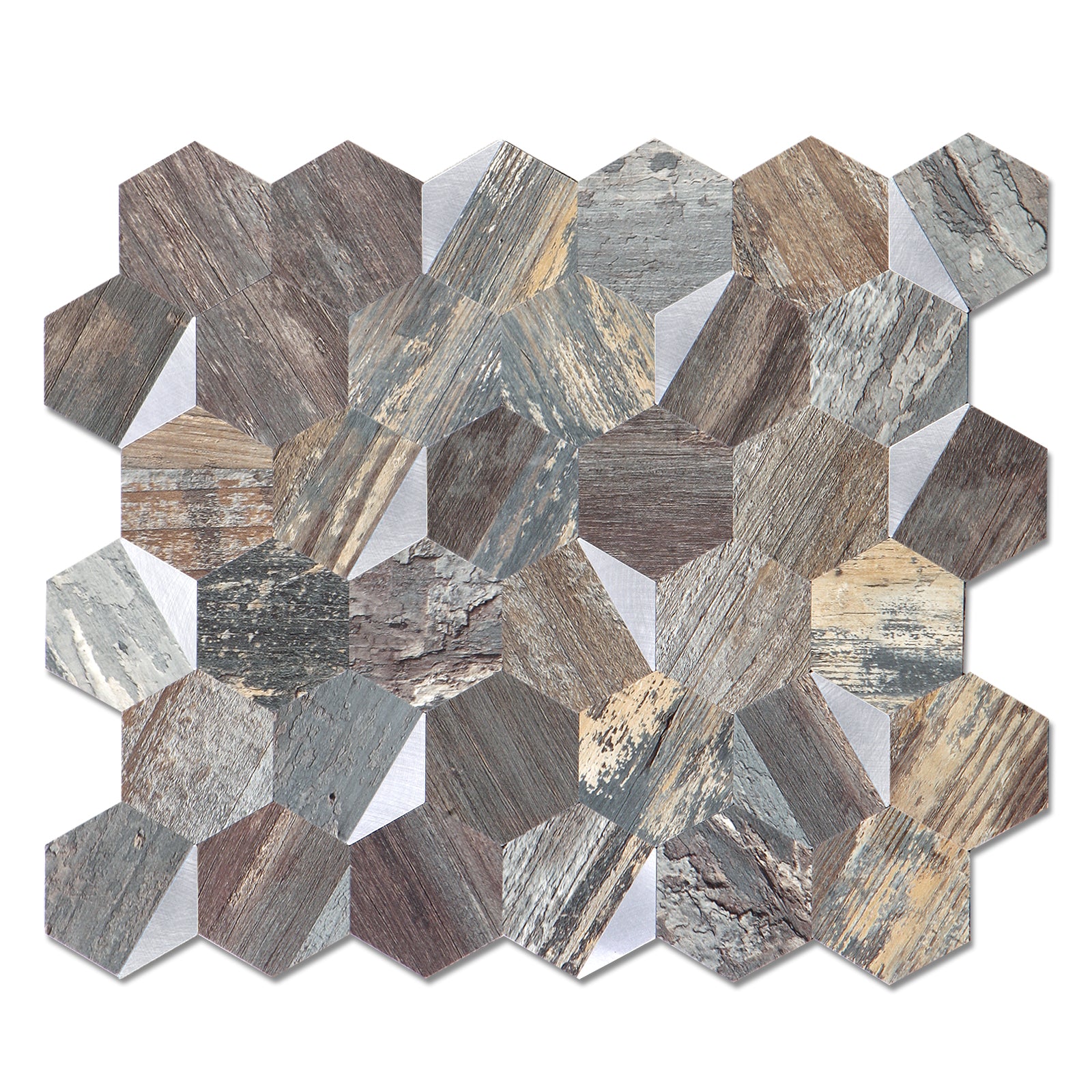 Ecru Rustic Wood Metal Silver Hexagon Tiles