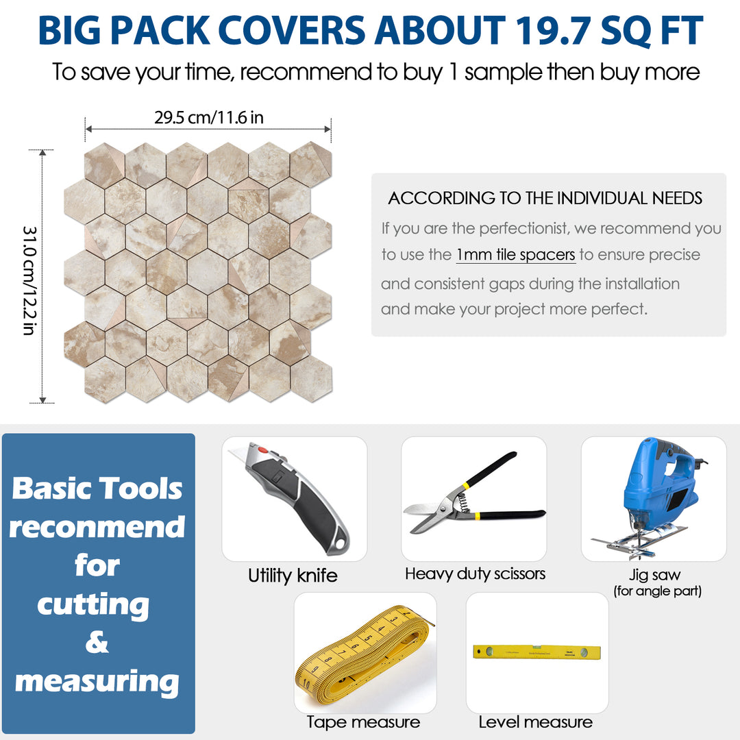 Size specifications for hexagonal peel-and-stick wall stickers