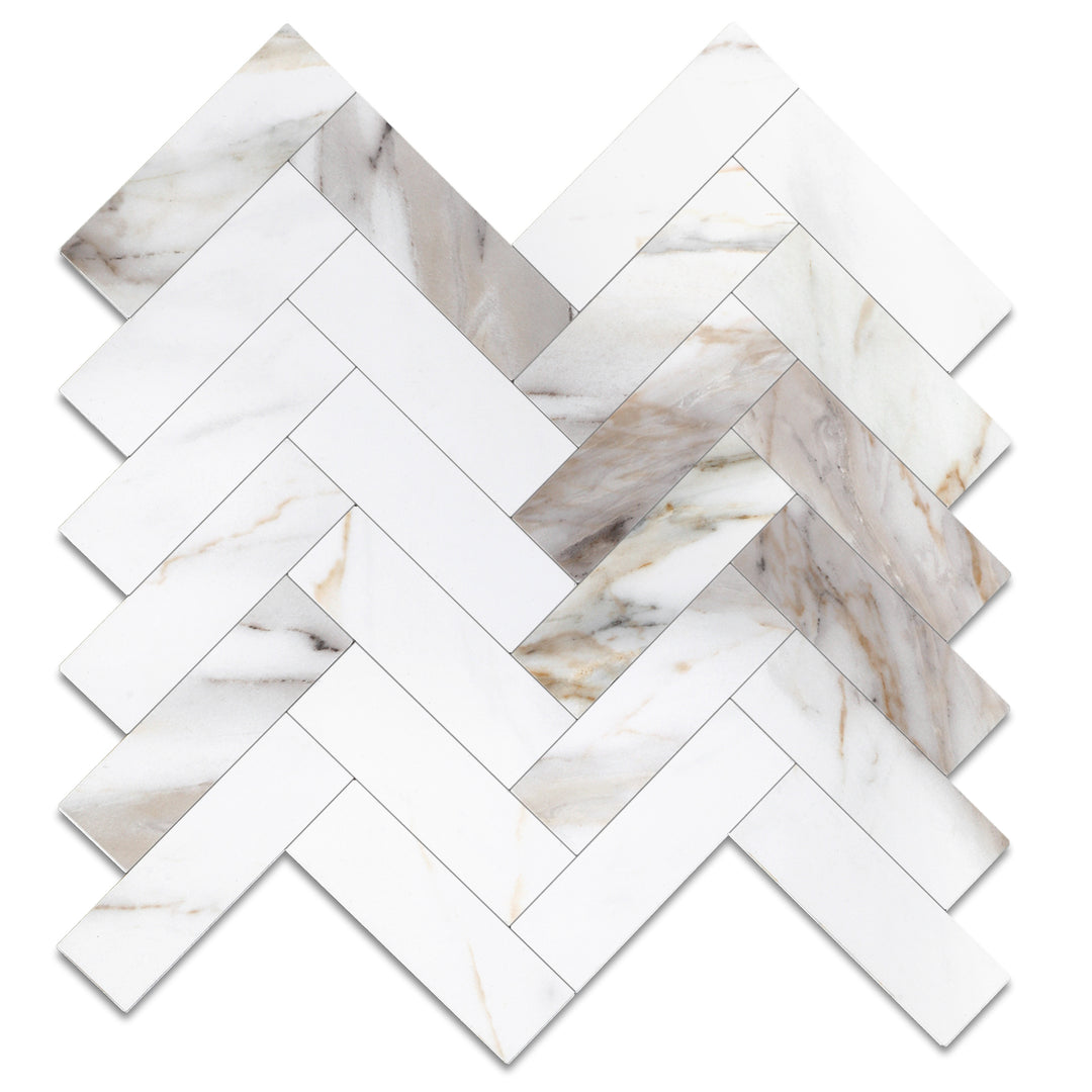 11.18" X 10" Marble Calacata Herringbone Tile Peel and Stick Backsplash