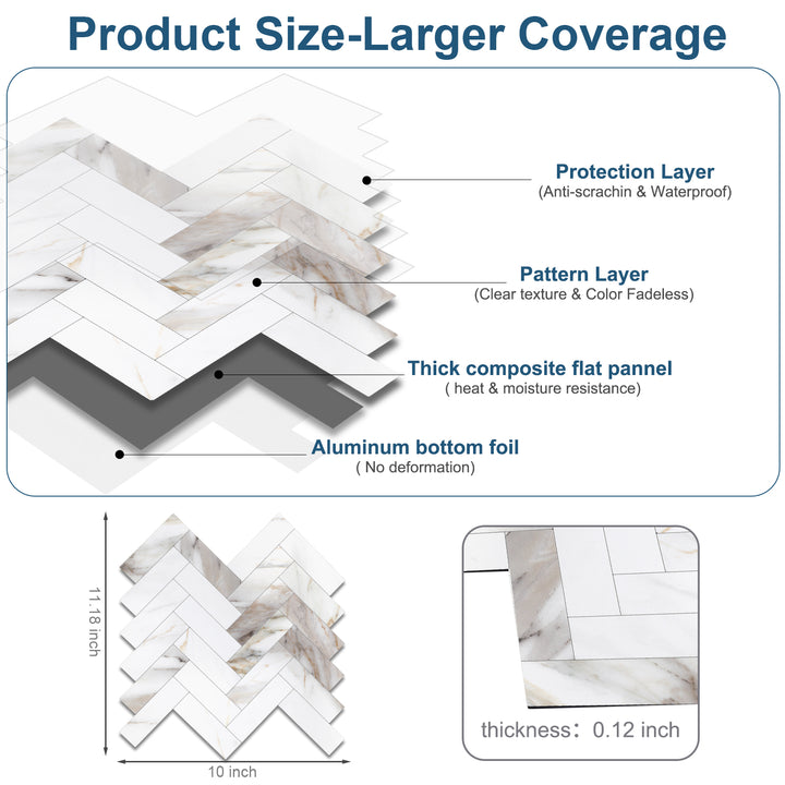 11.18" X 10" Marble Calacata Herringbone Tile Peel and Stick Backsplash