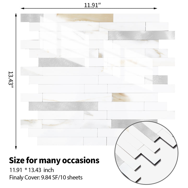 12" X 12" Polished Marble Peel and Stick Backsplash Linear Blend Tile