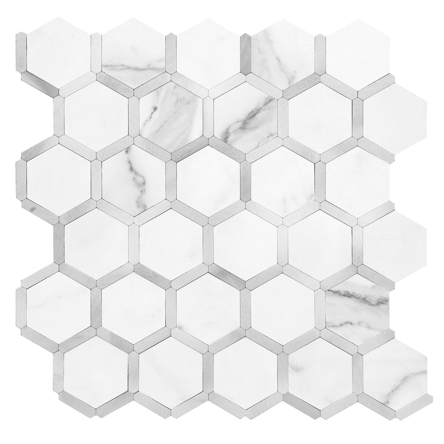 Hexagon Tile Backsplash Fishbelly White Silver