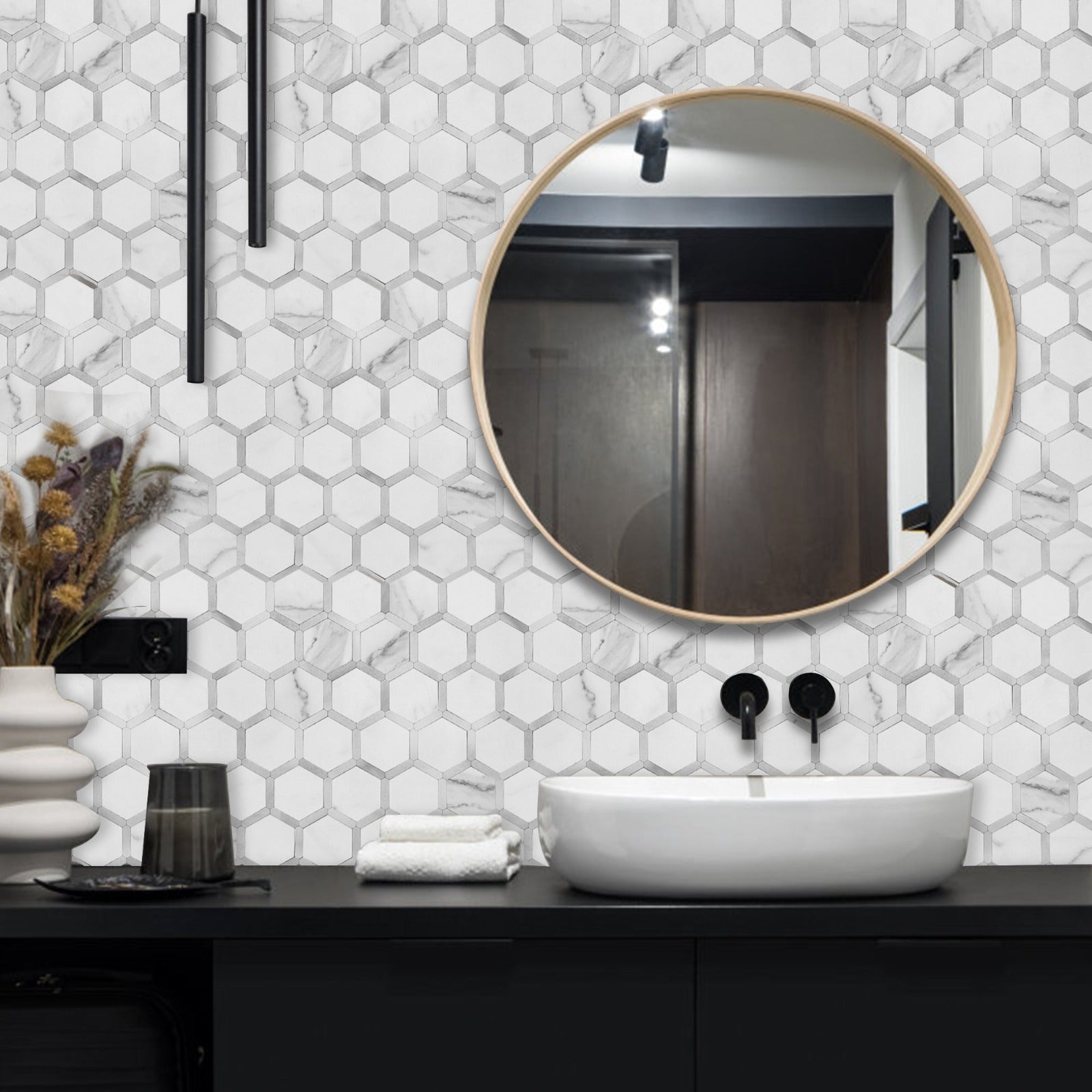 bathroom hexagon backspalsh tiles