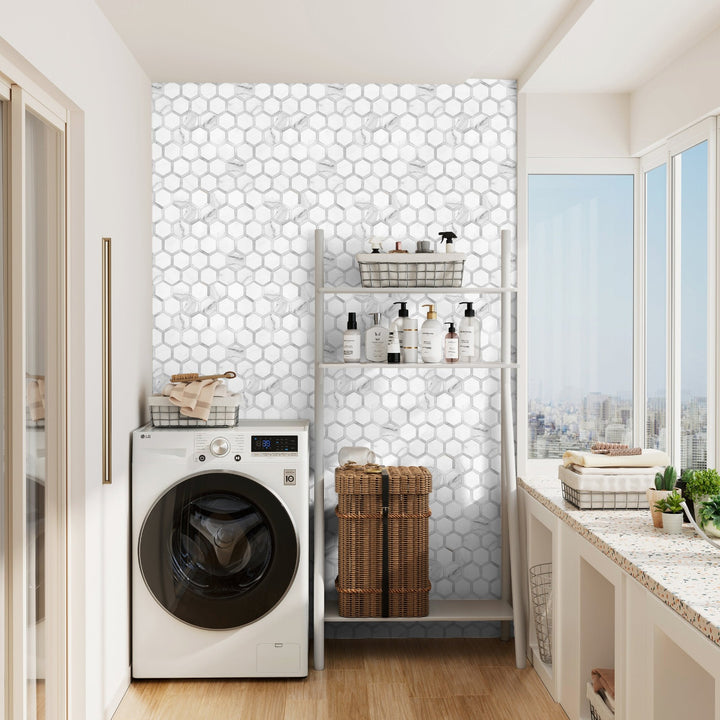 peel and stick hexagon tile for laundry room