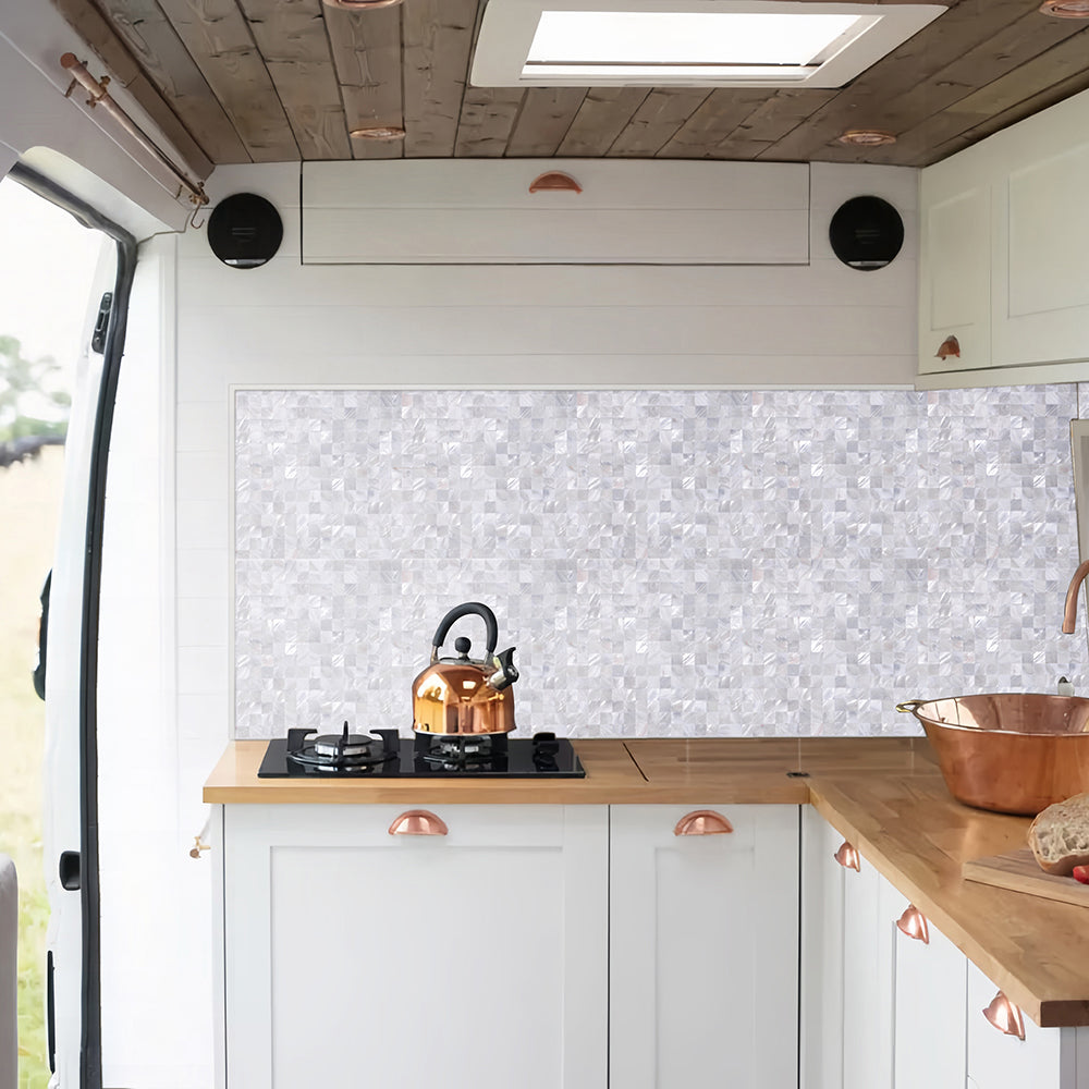 mother of pearl tile stick on RV kitchen