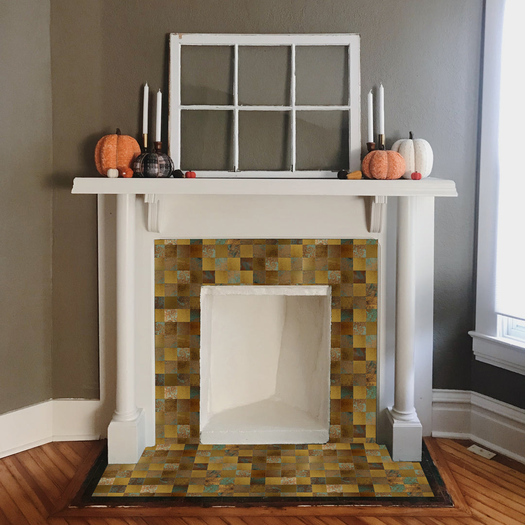 copoer peel and stick tile for fireplace