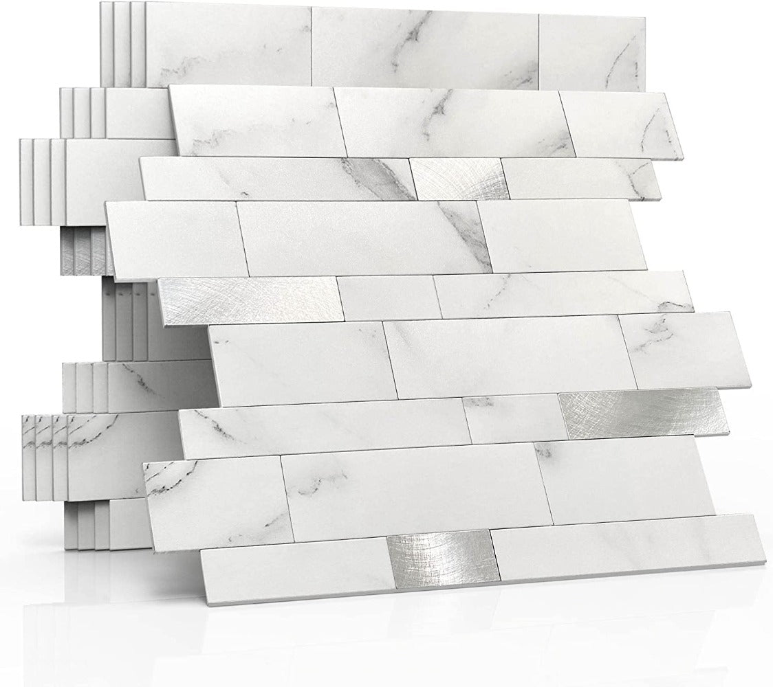 White Silver Peel and Stick Stone Tiles