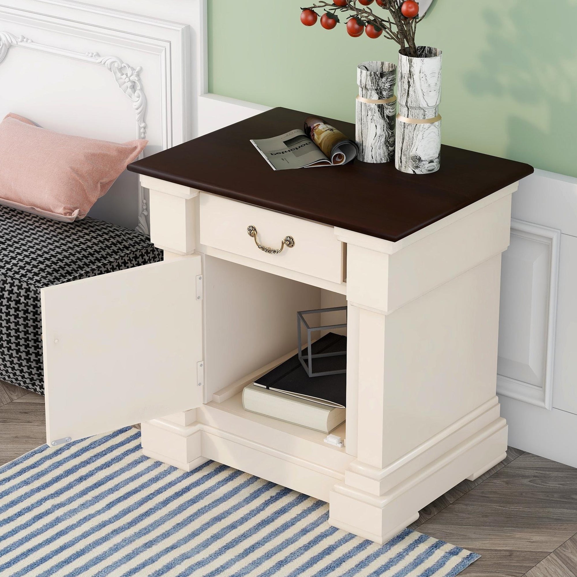 Nightstand with 1 Drawer and Cabinet,USB Charging Ports,Antique White
