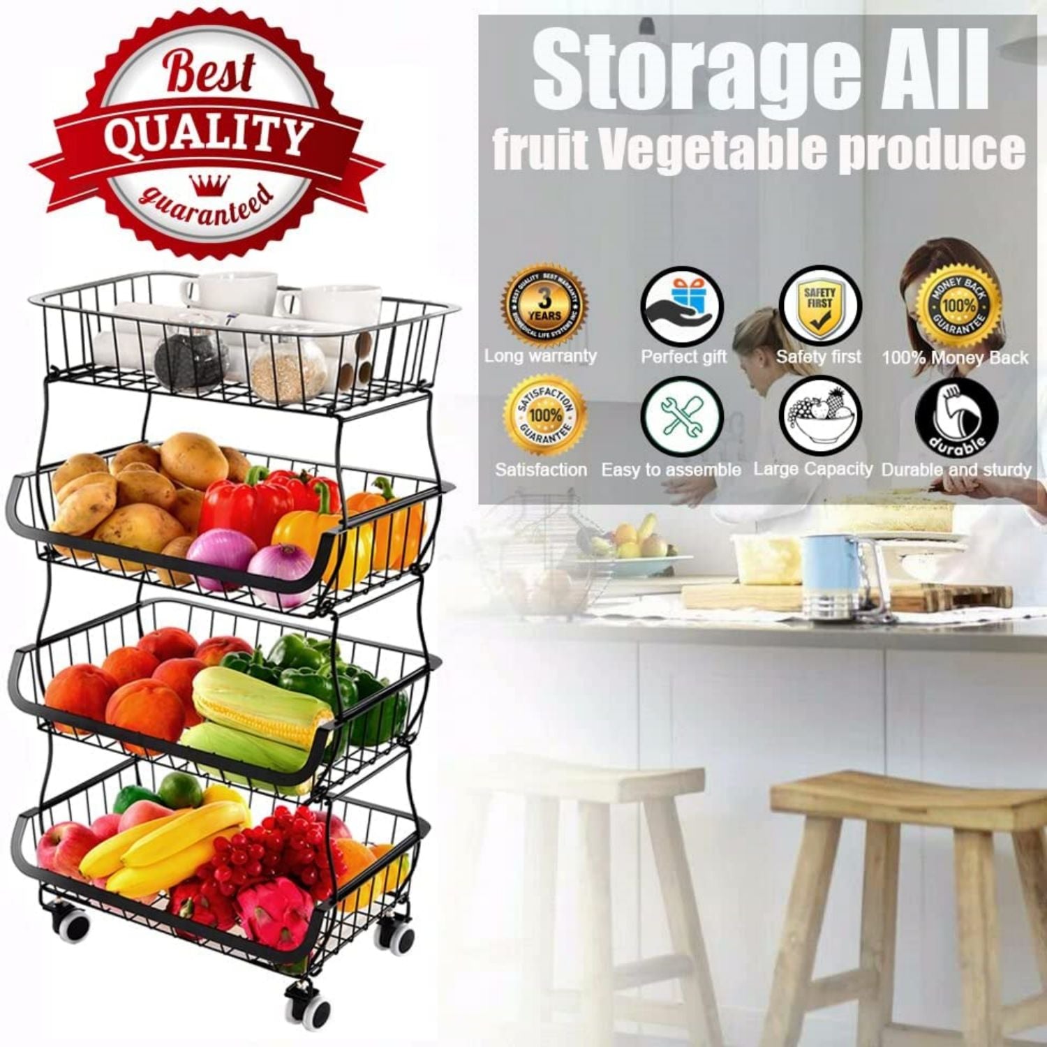 Fruit Vegetable Storage Basket for Kitchen - 4 tier