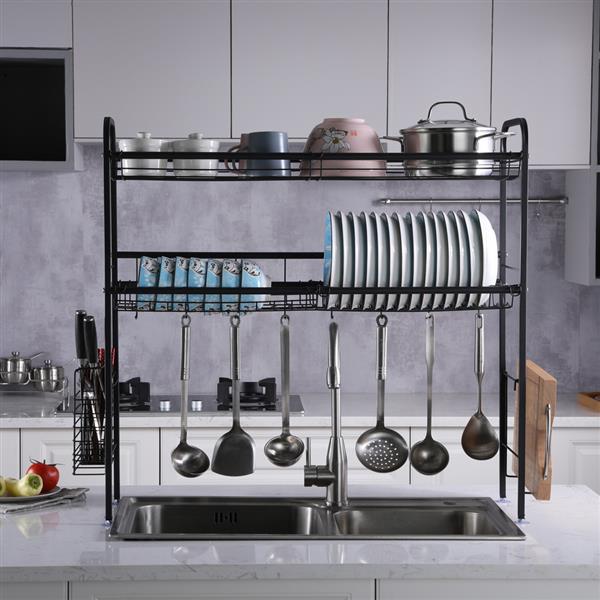 Stainless Steel Double Layer Kitchen Bowl Rack Shelf Black
