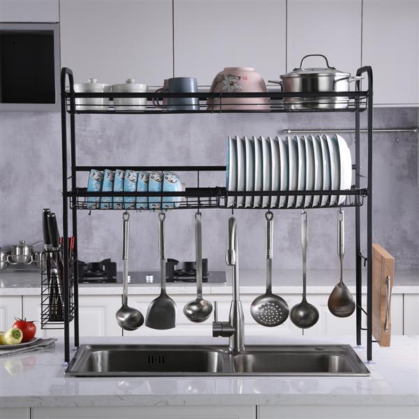 Stainless Steel Double Layer Kitchen Bowl Rack Shelf Black