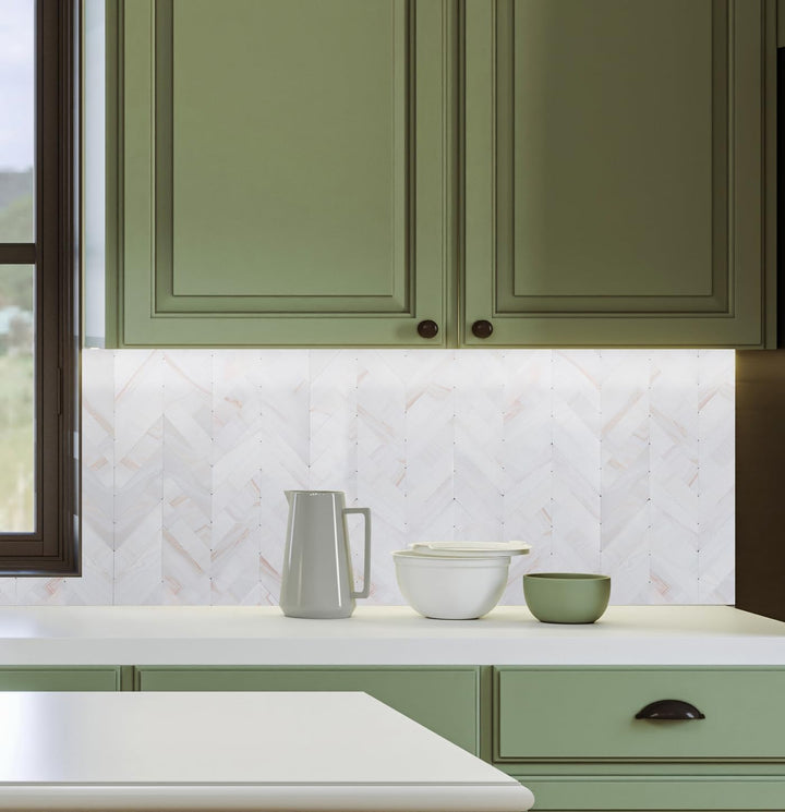 Herringbone stone backsplash kitchen in Colorful White feature image