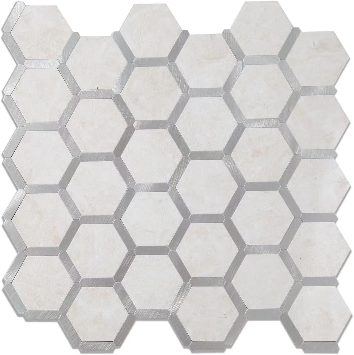 Hexagon metal stone blend tile backsplash in Creamy Stone main image