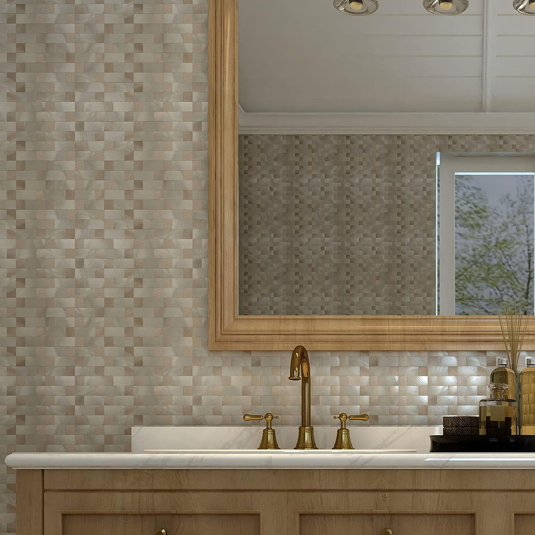 stainless steal peel and stick tile backsplash in Gold detail image