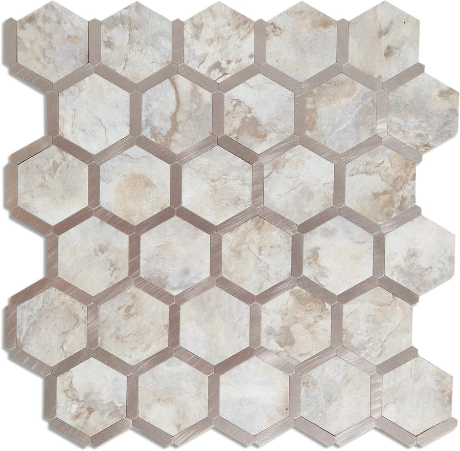 Hexagon metal stone blend tile backsplash in Ecru with Gold main image