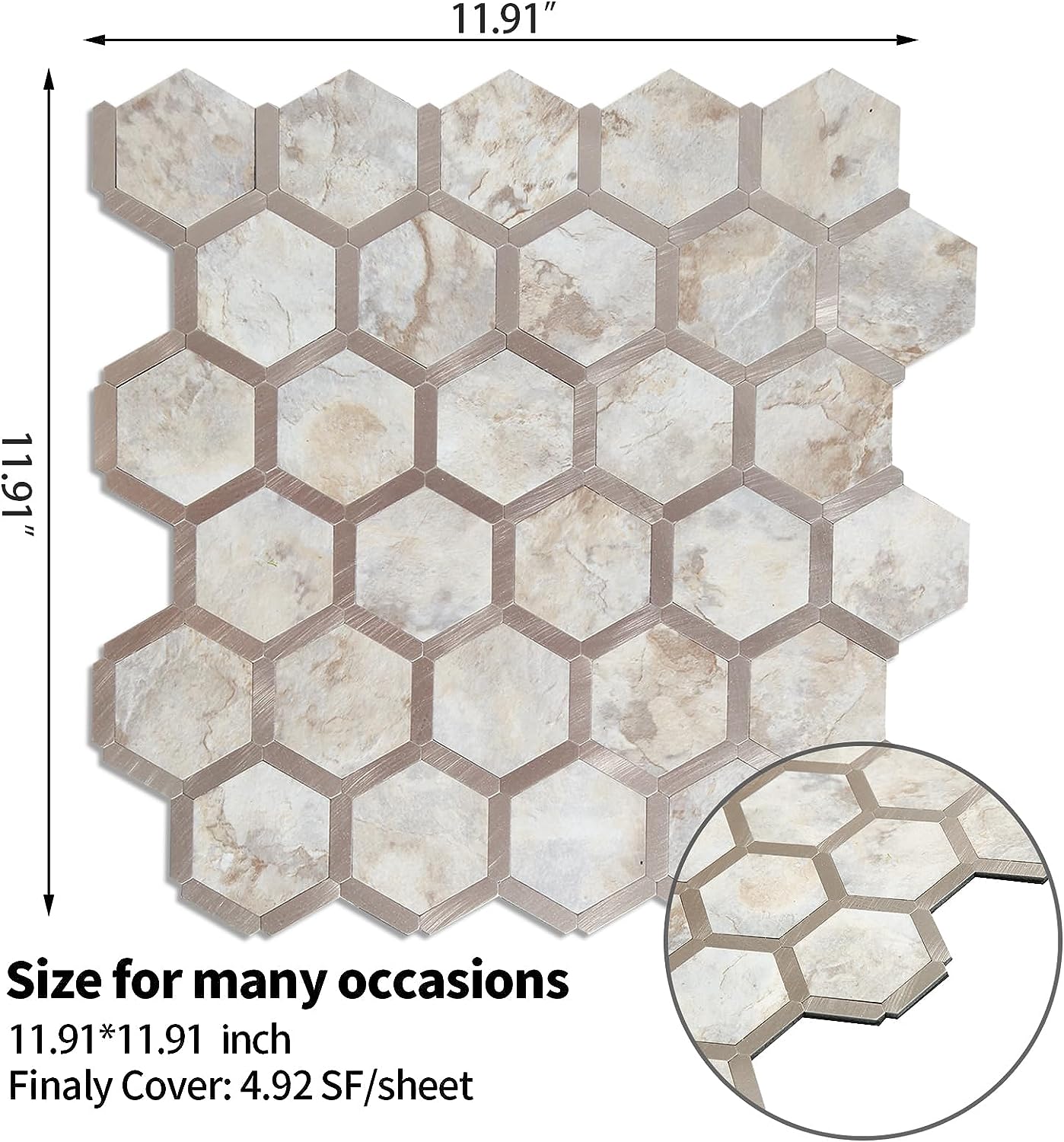 Hexagon metal stone blend  backsplash tiles for kitchen in Ecru with Gold lifestyle image