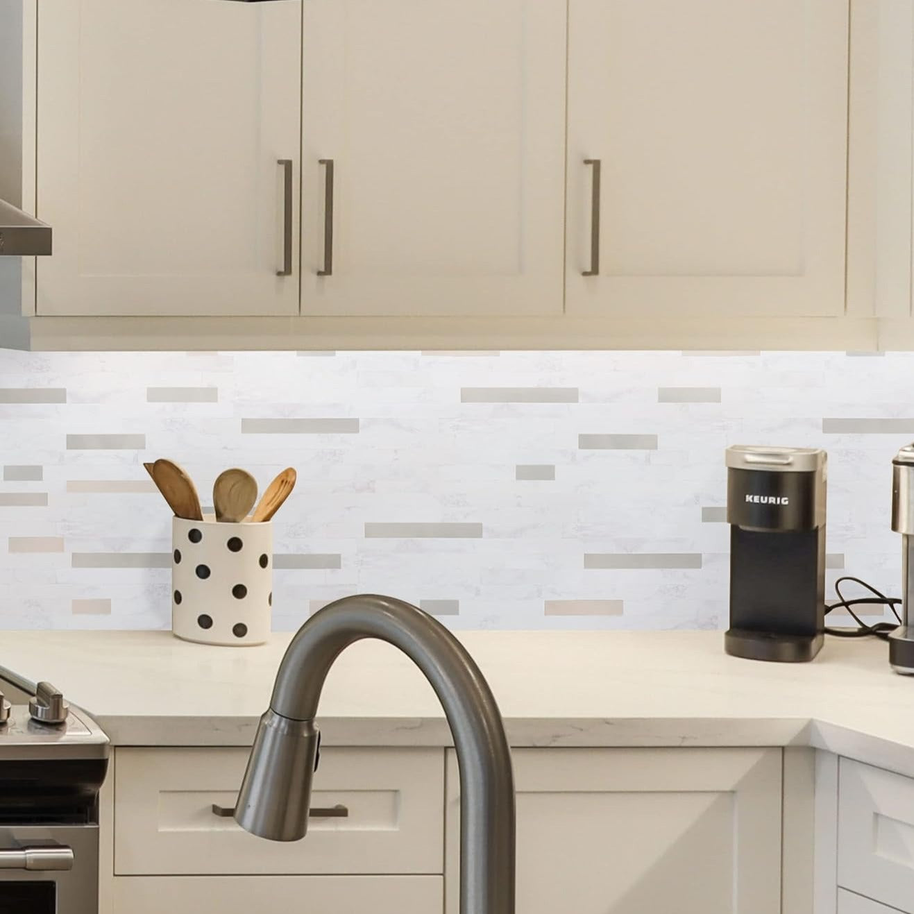 PVC kitchen backsplash back adhesive Linear Blend in Kara White Stone