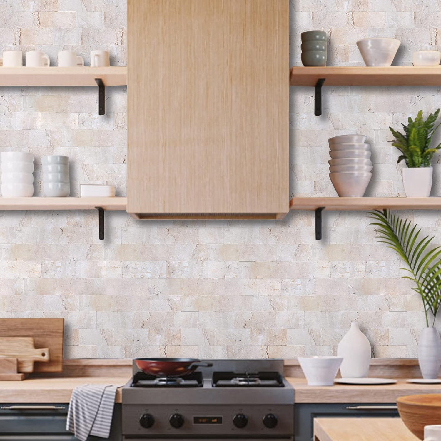 kitchen backsplash lifestyle image PVC Fauxed Stone Texture Tile in Beige