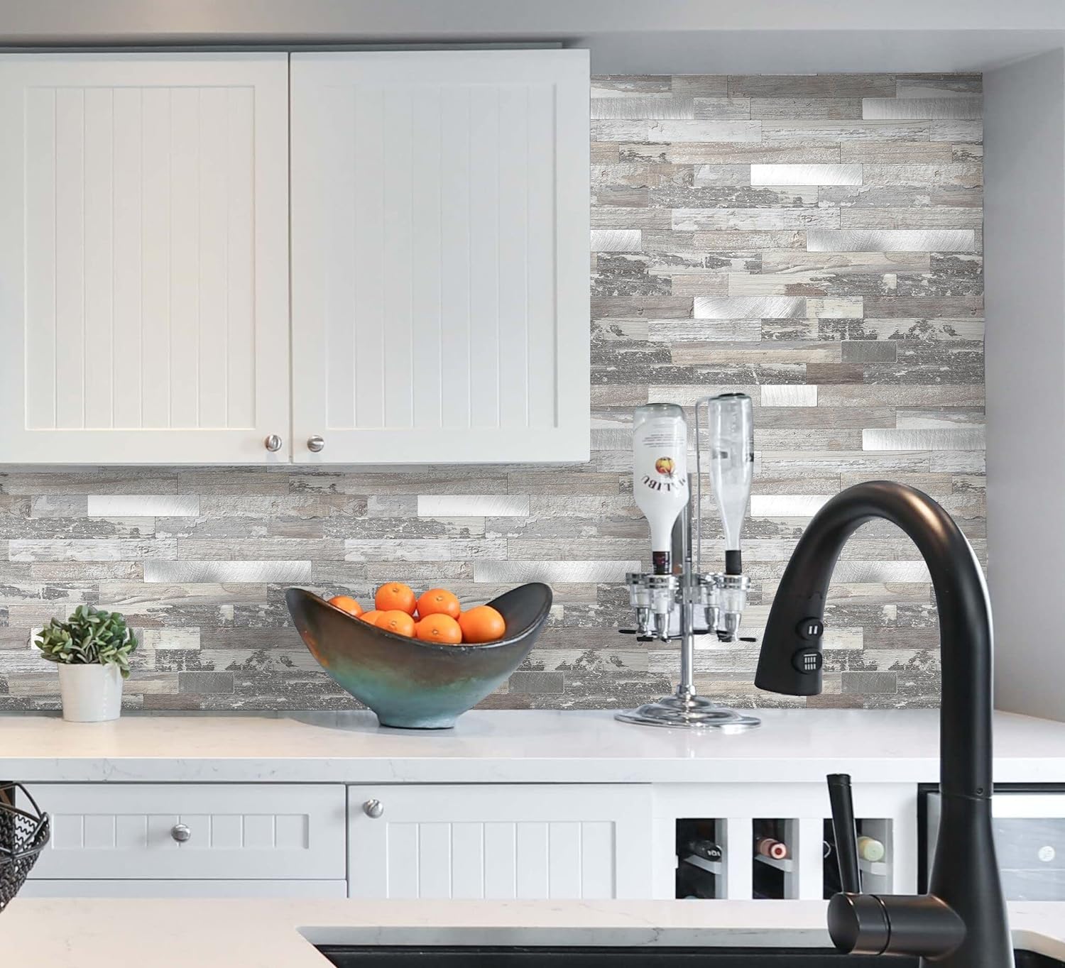 PVC tile backsplash life style image Linear Blend in Light Rustic