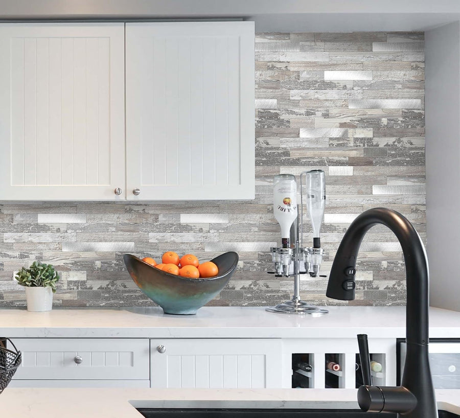 Light Rustic Peel and Stick Wood Backsplash Premium Linear Blend Tile ...