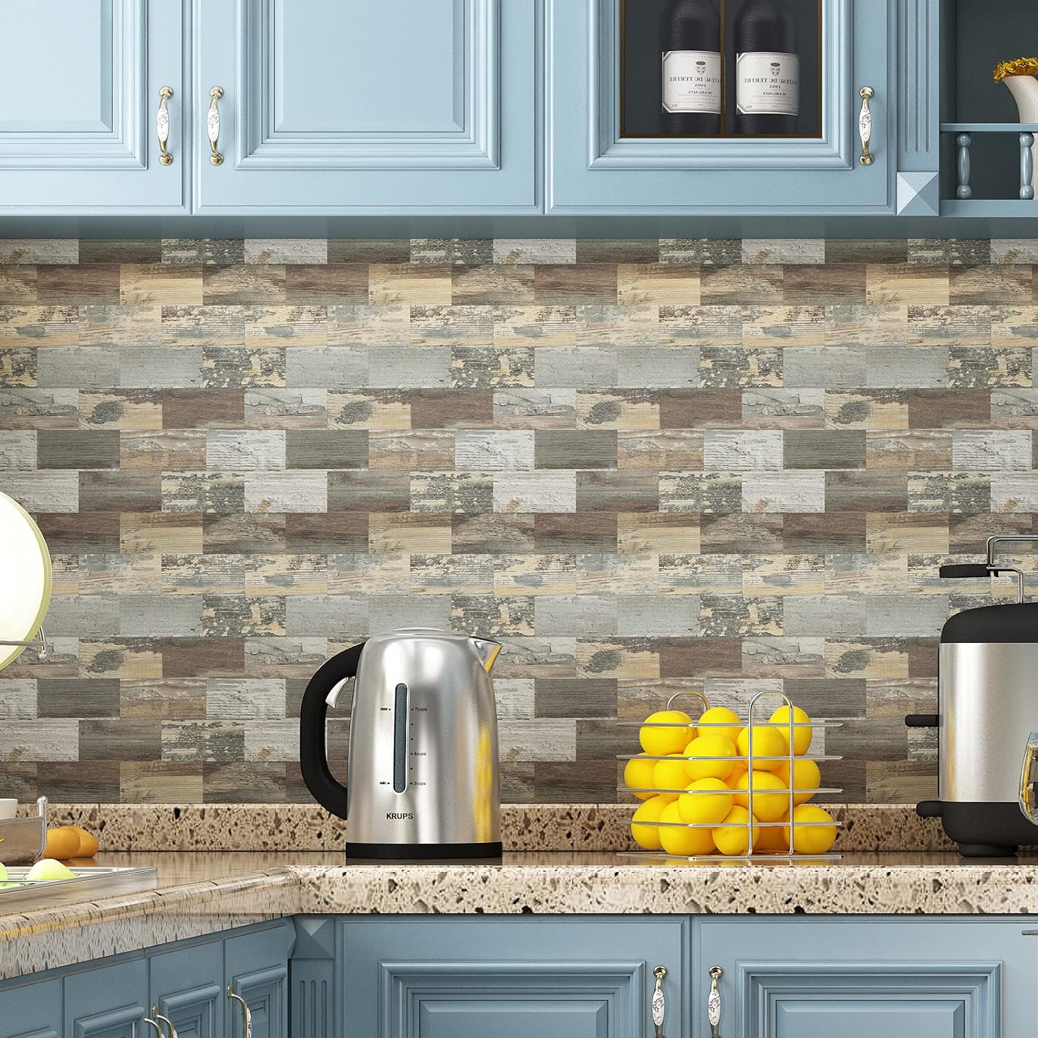 kitchen backsplash lifestyle image PVC Realistic Distressed Wood Texture Tile in Mix Rustic