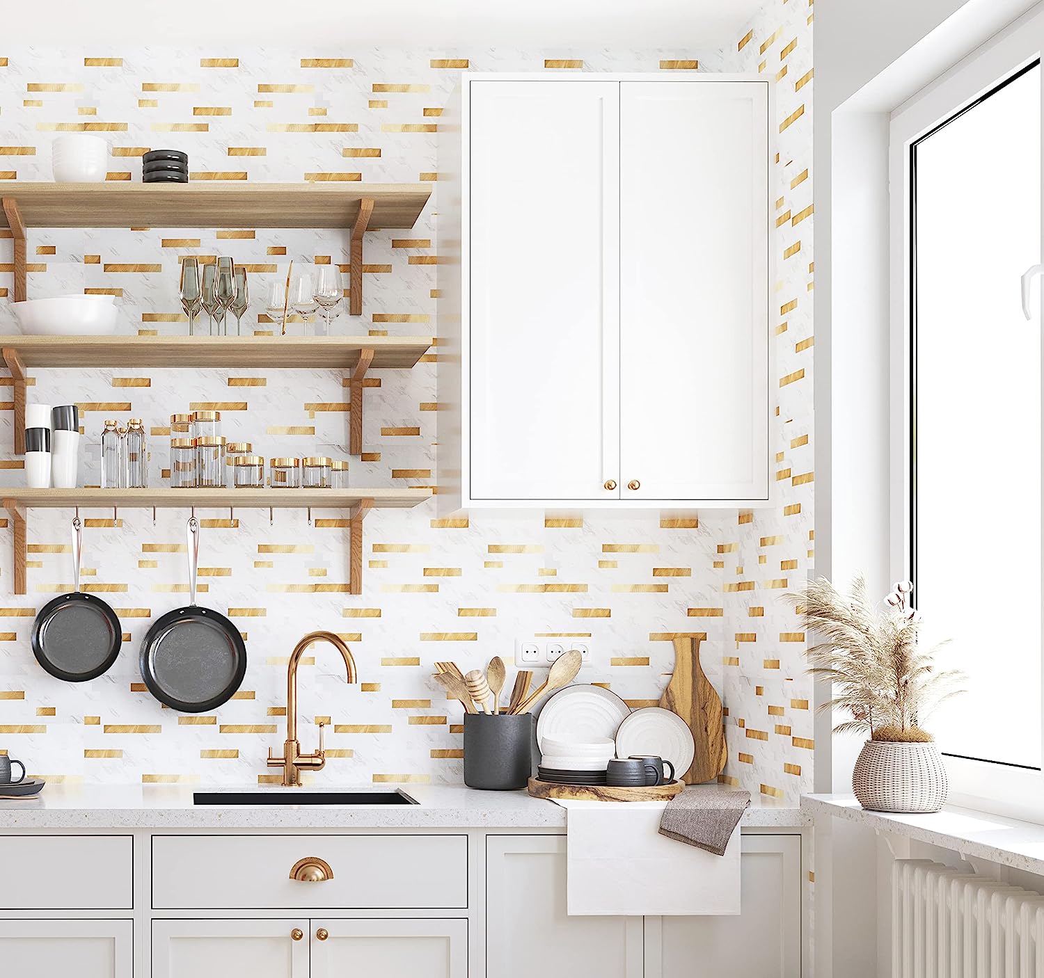 PVC tile backsplash life style image Linear Blend in Carla with Gold