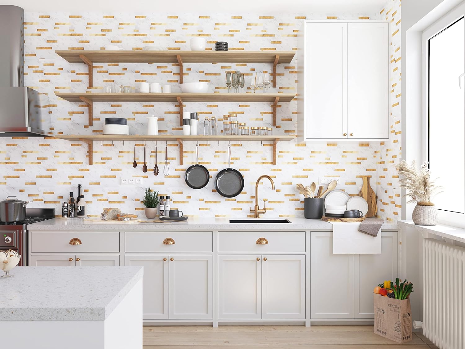 PVC backsplash ideas for kitchen Linear Blend in Carla with Gold