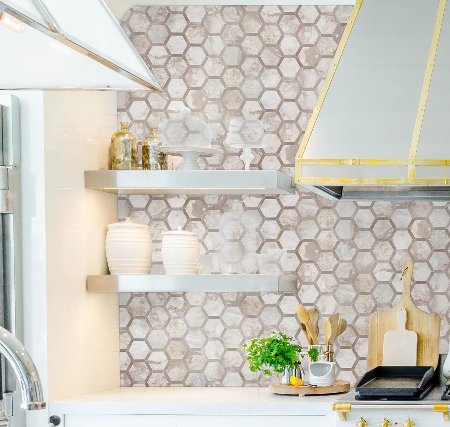 Hexagon metal stone blend  backsplash kitchen in Ecru with Gold feature image