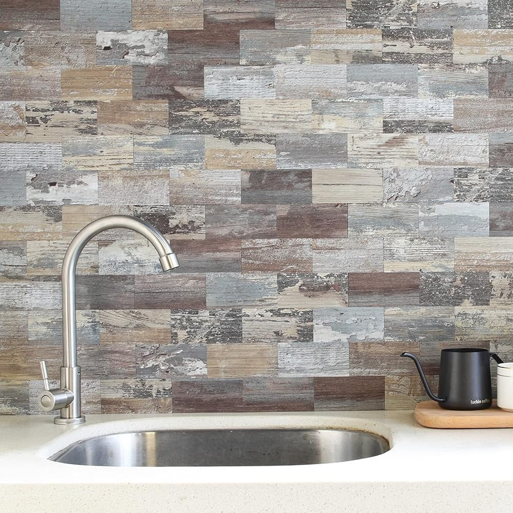 kitchen backsplash lifestyle image PVC Realistic Distressed Wood Texture Tile in Ecru rustic